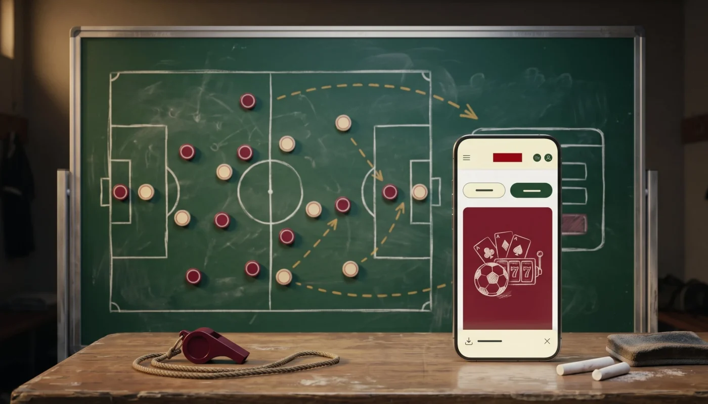Betelli mobil giriş ekranını gösteren telefon, arkada taktik tahtasında futbol dizilişi