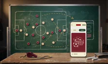 Betelli mobil giriş ekranını gösteren telefon, arkada taktik tahtasında futbol dizilişi